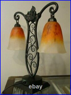 Lampe double art deco fer forgé pâte de verre Schneider 1925-1930