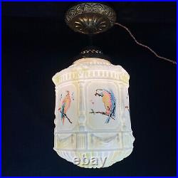Lampe lustre suspension ancien art deco perroquet oiseau opaline globe verre
