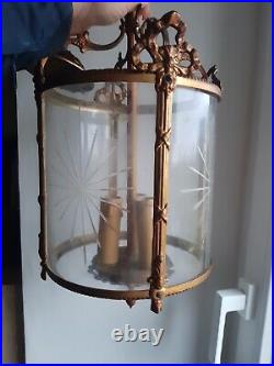 Lanterne bronze et laiton à 3 lampes et verre cylindrique grave
