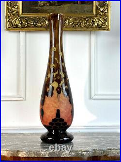 Le Verre Français Grand Vase En Verre Moucheté Signé Epoque Art Deco / H 55cm