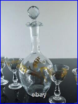 Legras Art Deco Service A Liqueur Digestif Carafe 6 Verres Emaille Muguet Dore