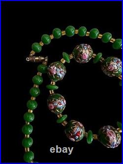 Long Collier perles de Murano Pate De Verre verte 1930 Art Deco