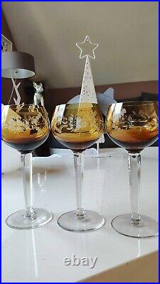 Lot de 3 grands verres à pied Art Déco/Val Saint Lambert/Roemer, couleur ambre