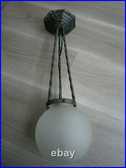 Luminaire Suspension Plafonnier Boule Art Deco Lampe 1930 Fer Verre Ancien