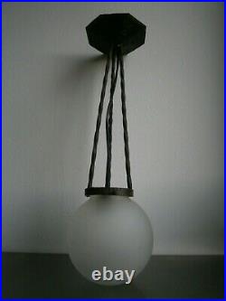 Luminaire Suspension Plafonnier Boule Art Deco Lampe 1930 Fer Verre Ancien