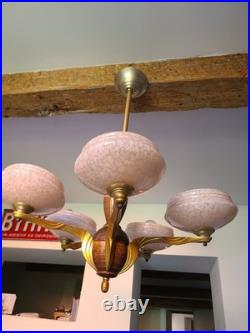 Lustre Art Déco Français 5 Feux Verre Rose Marbré Bois Tourné 1940 1950