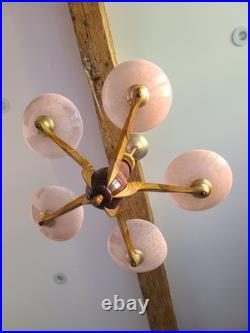 Lustre Art Déco Français 5 Feux Verre Rose Marbré Bois Tourné 1940 1950