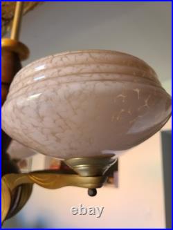 Lustre Art Déco Français 5 Feux Verre Rose Marbré Bois Tourné 1940 1950