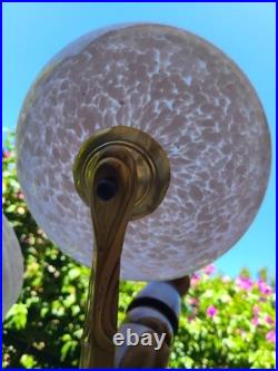 Lustre Art Déco Français 5 Feux Verre Rose Marbré Bois Tourné 1940 1950