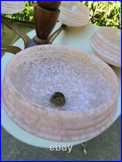 Lustre Art Déco Français 5 Feux Verre Rose Marbré Bois Tourné 1940 1950