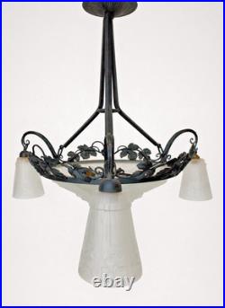 Lustre Fer Forgé Art Déco En Verre Moulé 1930 Verrerie Des Hanots