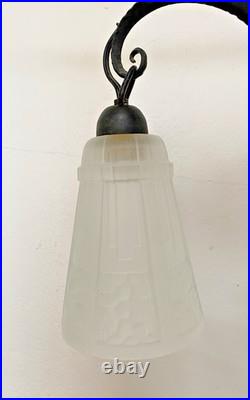 Lustre Fer Forgé Art Déco En Verre Moulé 1930 Verrerie Des Hanots