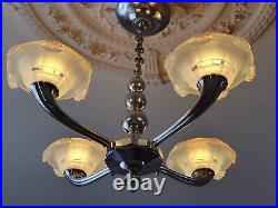 Lustre art déco 1930 en bronze argenté & verre opalescent lampe chandelier lamp