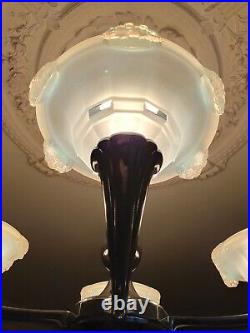 Lustre art déco 1930 en bronze argenté & verre opalescent lampe chandelier lamp