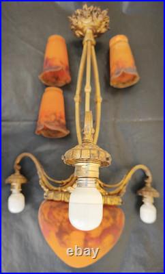 Lustre art déco Muller Frères Lunéville Pâte de verre marmoréen bronze doré