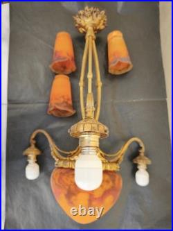 Lustre art déco Muller Frères Lunéville Pâte de verre marmoréen bronze doré