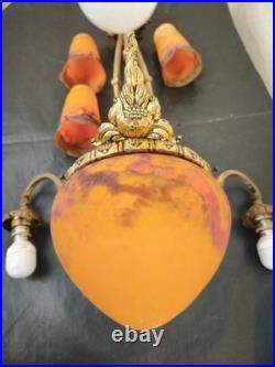 Lustre art déco Muller Frères Lunéville Pâte de verre marmoréen bronze doré