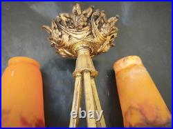 Lustre art déco Muller Frères Lunéville Pâte de verre marmoréen bronze doré