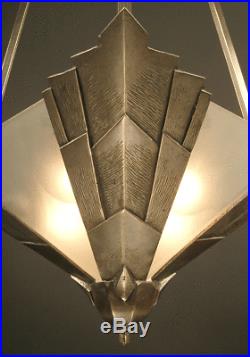Lustre-suspension Art Déco En Bronze Et Laiton Vieil Argent, Verre Dépoli