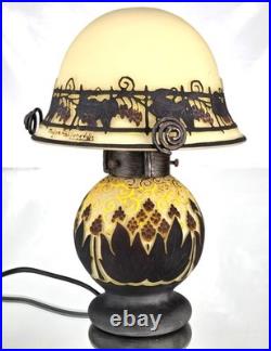 MULLER Frères Lunéville Rare Lampe Houblons Vase Pâte de Verre Gravé ART DECO