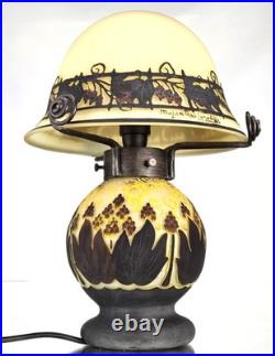 MULLER Frères Lunéville Rare Lampe Houblons Vase Pâte de Verre Gravé ART DECO