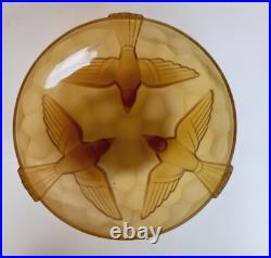 Magnifique Coupe Decor Aux Oiseaux En Verre Moule Ambre Art Deco