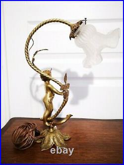 Magnifique Lampe En Bronze Avec Tulipe Verre Ange Chérubin Art Déco Ancien