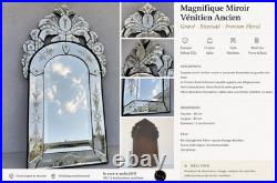 Miroir Vénitien Ancien Gravé Biseauté Fronton Floral Verre Mercuré 80 cm