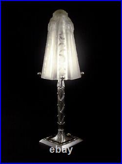 Muller Frères Lampe Art Déco En Bronze Nickelé & Obus En Verre Pressé 1930