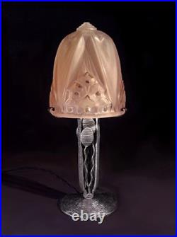 Muller Frères Lampe Art Déco En Fer Forgé & Dôme En Verre Pressé 1930