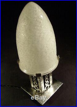Muller Frères Lampe Art Déco En Fer Forgé Et Obus En Verre Vermiculé 1930