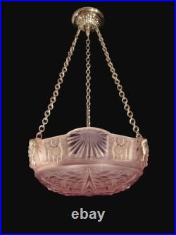 Muller Frères Suspension Art Déco En Bronze Et Vasque En Verre Pressé 1930