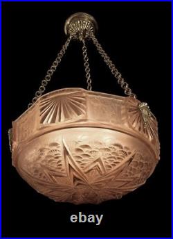 Muller Frères Suspension Art Déco En Bronze Et Vasque En Verre Pressé 1930