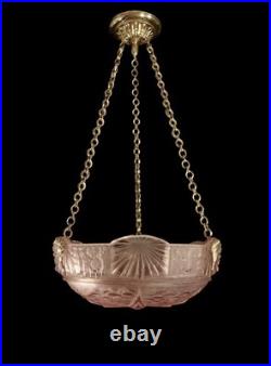 Muller Frères Suspension Art Déco En Bronze Et Vasque En Verre Pressé 1930