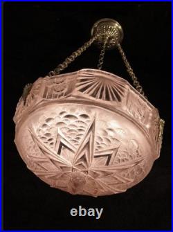 Muller Frères Suspension Art Déco En Bronze Et Vasque En Verre Pressé 1930