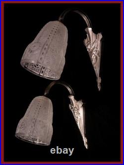 PAIRE D'APPLIQUE ART DÉCO VERRE ET BRONZE NICKELÉ 1930 muller SCONCE LAMP degue