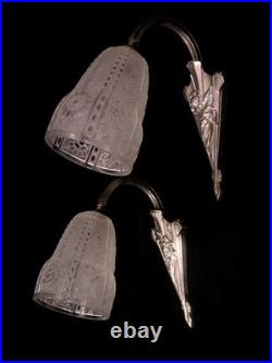 PAIRE D'APPLIQUE ART DÉCO VERRE ET BRONZE NICKELÉ 1930 muller SCONCE LAMP degue