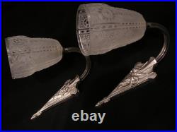 PAIRE D'APPLIQUE ART DÉCO VERRE ET BRONZE NICKELÉ 1930 muller SCONCE LAMP degue PAIRE D'APPLIQUE ART DÉCO VERRE ET BRONZE NICKELÉ 1930 muller SCONCE LAMP degue