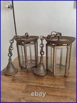 Paire anciennes lanterne lampe Art Deco PETITOT en bronze & verre biseauté