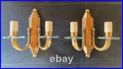 Paire d' appliques bronze doré disques verre cristal Art Deco gradin corne 1930