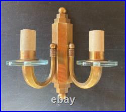 Paire d' appliques bronze doré disques verre cristal Art Deco gradin corne 1930