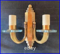 Paire d' appliques bronze doré disques verre cristal Art Deco gradin corne 1930