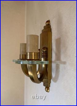 Paire d' appliques bronze doré disques verre cristal Art Deco gradin corne 1930