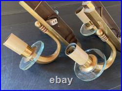 Paire d' appliques bronze doré disques verre cristal Art Deco gradin corne 1930
