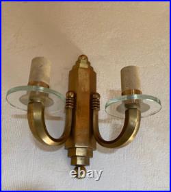 Paire d' appliques bronze doré disques verre cristal Art Deco gradin corne 1930