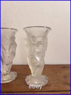 Paire de Vases verre moulé Nymphes Bacchantes Style Lalique Detel Art Deco