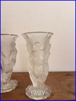 Paire de Vases verre moulé Nymphes Bacchantes Style Lalique Detel Art Deco
