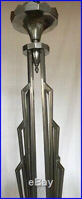 Petitot Grand Lustre En Bronze Argente Et Verre Moule Presse Art Deco 1930