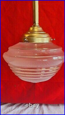 Plafonnier Lustre Art Deco Laiton Globe Verre Dorure Vintage