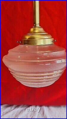 Plafonnier Lustre Art Deco Laiton Globe Verre Dorure Vintage